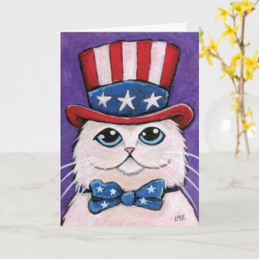 Patriottische Witte Perzische kat | Gelukkige 4 Kaart (Gele Bloem)