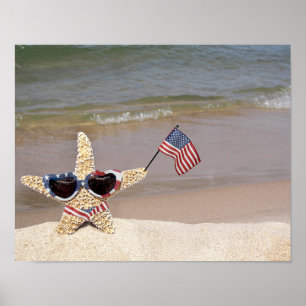 Patriottische zeester met Amerikaanse vlag Poster