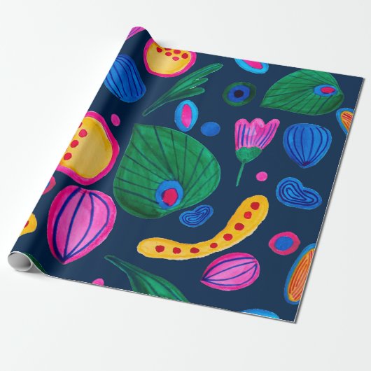 Patrón boho pintado a mano azul navy cadeaupapier (Uitgerold)
