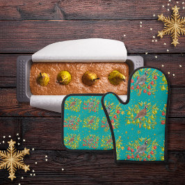 Patronen, perenbomen en sneeuwvlokken turquoise ovenwant & pannenlap set