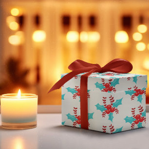 Patroon Aqua en Red Holiday Berries Cadeaupapier