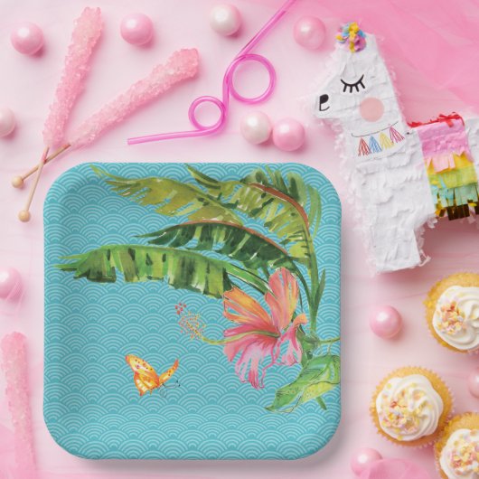 Patroon Blauw Tropisch Groen Bladeren Roze Bloemen Papieren Bordje (Feest)