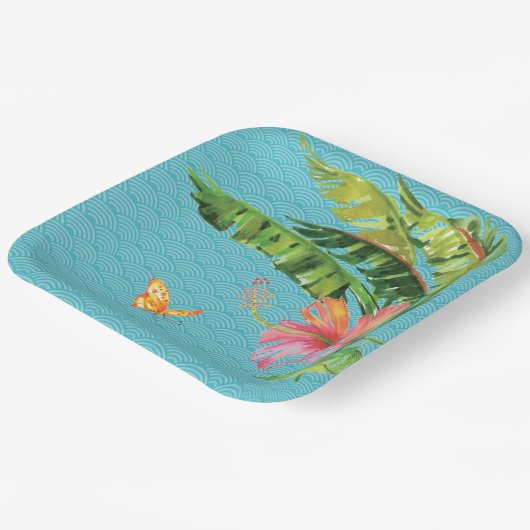 Patroon Blauw Tropisch Groen Bladeren Roze Bloemen Papieren Bordje (Gebogen)