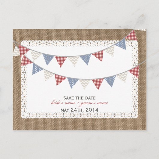 Patroon Bunting Burlap Geïnspireerd Save the Date Aankondigingskaart (Voorkant)