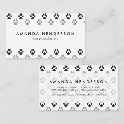 Patroon Cute Black and White Paw Prints Visitekaartje (Voorkant / Achterkant)
