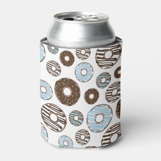 Patroon donuts, blauwe donuts, bruine donuts blikjeskoeler (Blikje Voorkant)