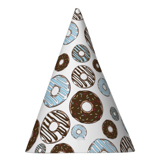 Patroon donuts, blauwe donuts, bruine donuts feesthoedjes (Rechts)