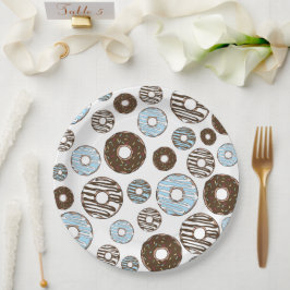 Patroon donuts, blauwe donuts, bruine donuts papieren bordje