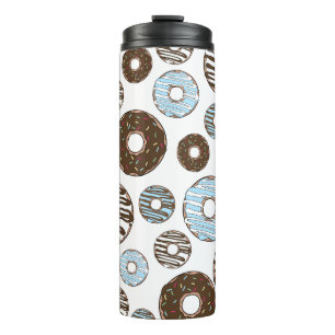 Patroon donuts, blauwe donuts, bruine donuts thermosbeker