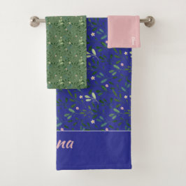 Patroon groen blad naam blauw roze badhanddoek bad handdoek