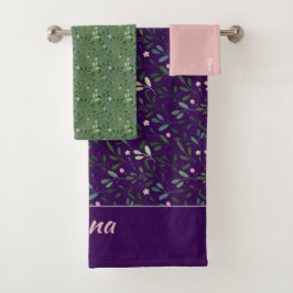 Patroon groen blad naam paarse roze badhanddoek bad handdoek