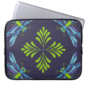  patroon groene blauwe libel op donkere achtergron laptop sleeve