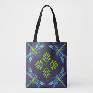 patroon groene blauwe libel op donkere achtergron tote bag