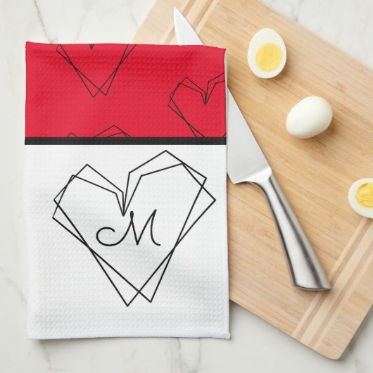 Patroon Hart Lijn Kunst Zwart Wit Rood Theedoek (Quarter Fold)