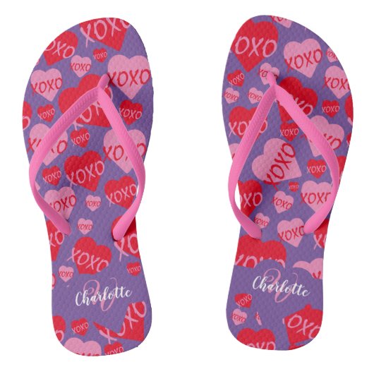 Patroon Harten XOXO Liefde Rood Roze Paarse Monogr Teenslippers (Voetbed)