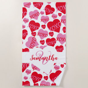 Patroon Harten XOXO Liefde Rood Roze Wit Monogram Strandlaken
