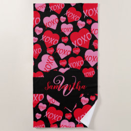 Patroon Harten XOXO Liefde Rood Roze Zwart Monogra Strandlaken
