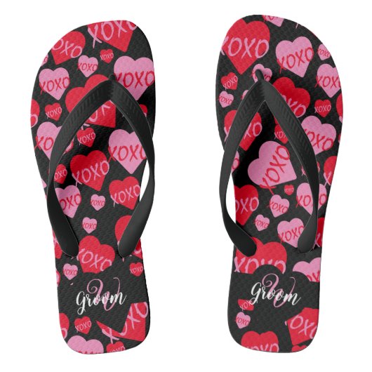 Patroon Harten XOXO Love Groom Zwart Monogram Teenslippers (Voetbed)