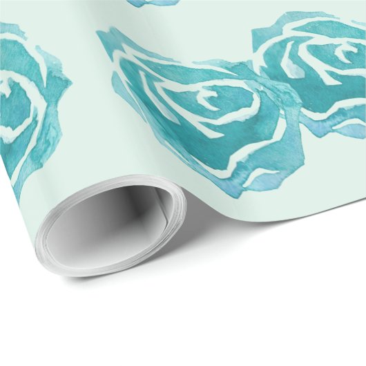 Patroon met 3 grote Blauwgroen Waterverf Rozen Cadeaupapier (Rol Hoek)