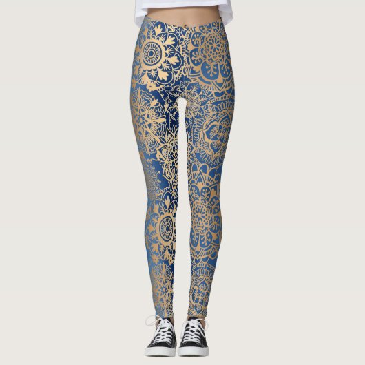 Patroon met blauw en gouden mandala leggings (Voorkant)