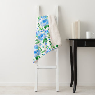 Patroon met blauwe waterverf bloemen sherpa deken