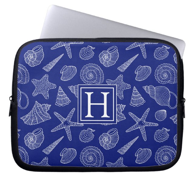 Patroon met Bright Blue Shell | Voeg je Initiaal t Laptop Sleeve (Voorkant)