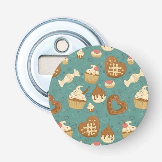 Patroon met cupcakes en snoepjes button flesopener (Voorkant)