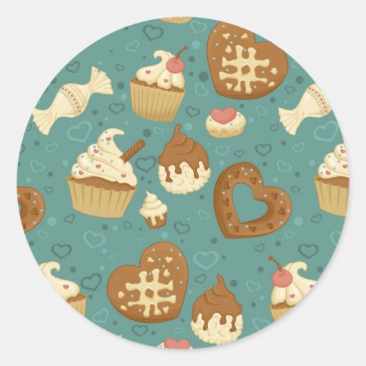 Patroon met cupcakes en snoepjes ronde sticker (Voorkant)