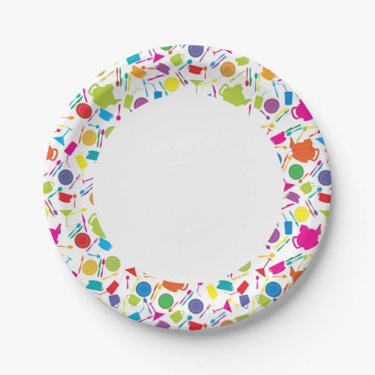 Patroon met gekleurde keukenspullen papieren bordje (Voorkant)