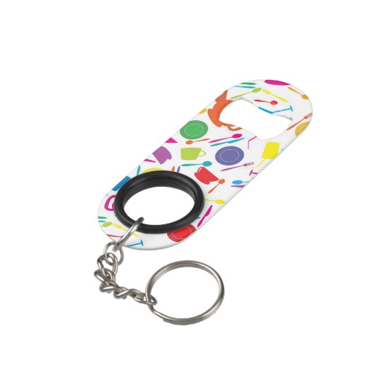 Patroon met gekleurde keukenspullen sleutelhanger flessenopener (Achterkant Gekanteld)