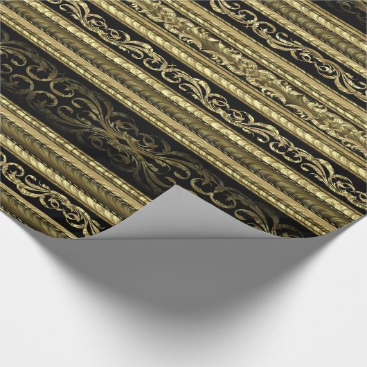 Patroon met gouden en zwarte  lintstripes cadeaupapier (Hoek)