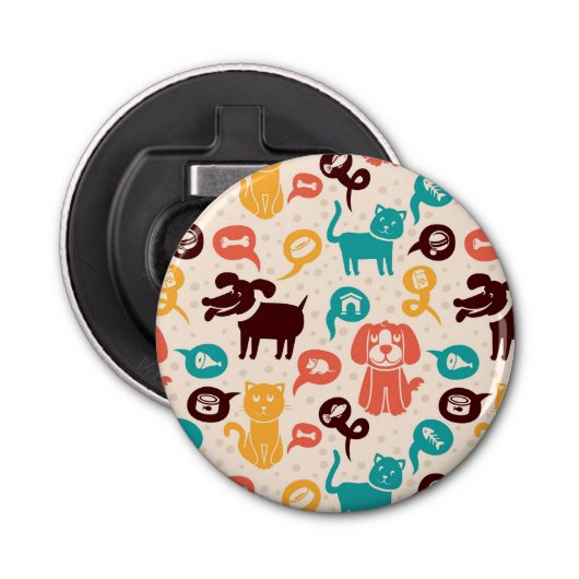 Patroon met grappige katten en honden button flesopener (Voorkant)