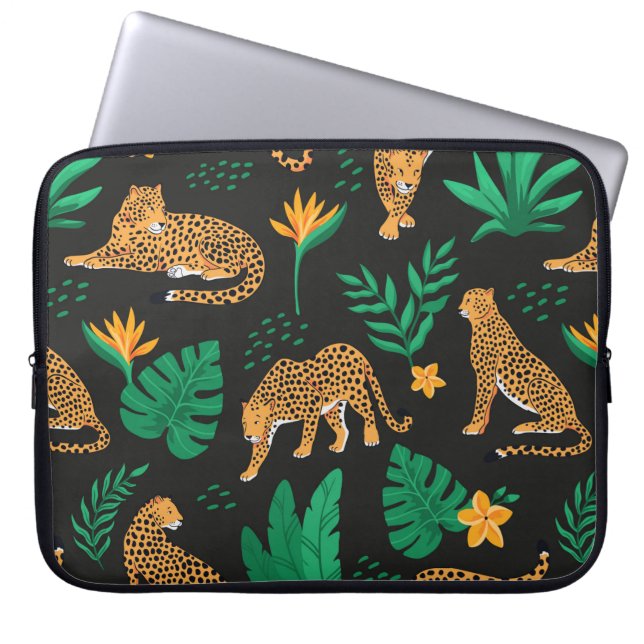  patroon met luipaarden en tropische bladeren laptop sleeve (Voorkant)