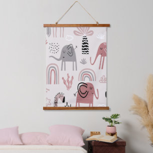 patroon met malle olifanten en giraffen enorm hangend wandkleed