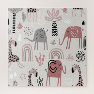 patroon met malle olifanten en giraffen enorm  legpuzzel