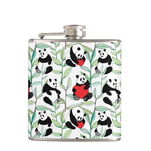 patroon met mooie panda ' s met hart heupfles (Voorkant)