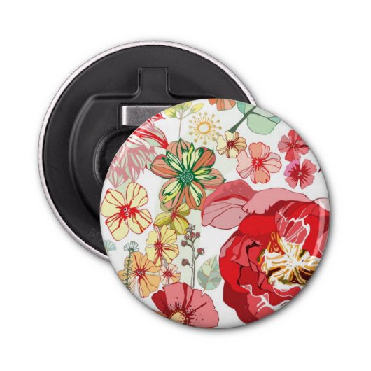 Patroon met rode bloemen button flesopener (Voorkant)