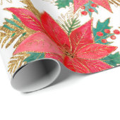 patroon met rode en gouden kerstpunsettia cadeaupapier (Rol Hoek)