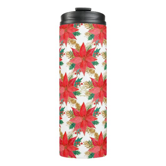 patroon met rode en gouden kerstpunsettia thermosbeker (Voorkant)