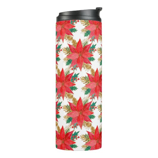 patroon met rode en gouden kerstpunsettia thermosbeker (Gedraaid links)