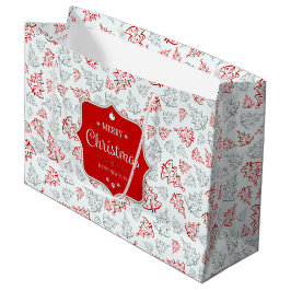 Patroon met rode en zilveren elegante kerstbomen groot cadeauzakje