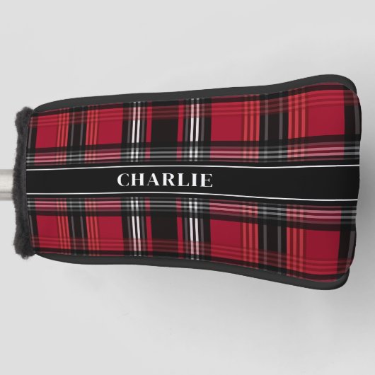 Patroon met rood en zwart tartan en op de verpakki golfheadcover (Voorkant)