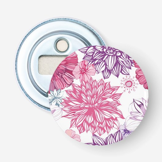 Patroon met roze asters en dahlia button flesopener (Voorkant)