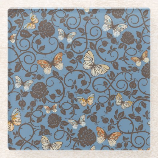 patroon met rozen en vlinder glazen onderzetter (Voorkant)