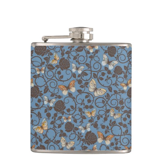 patroon met rozen en vlinder heupfles (Voorkant)