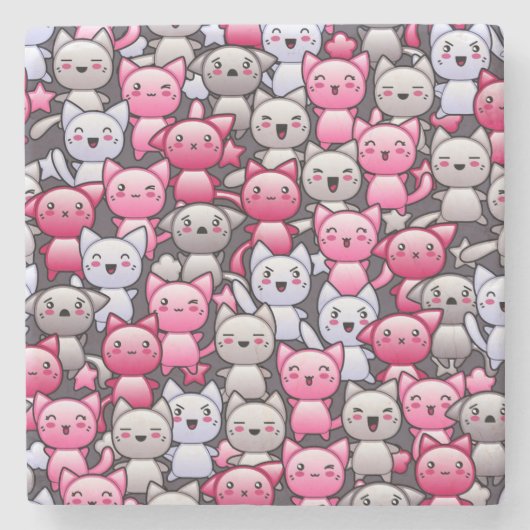 patroon met schattige kawaï - doodle cats 2 stenen onderzetter (Voorkant)
