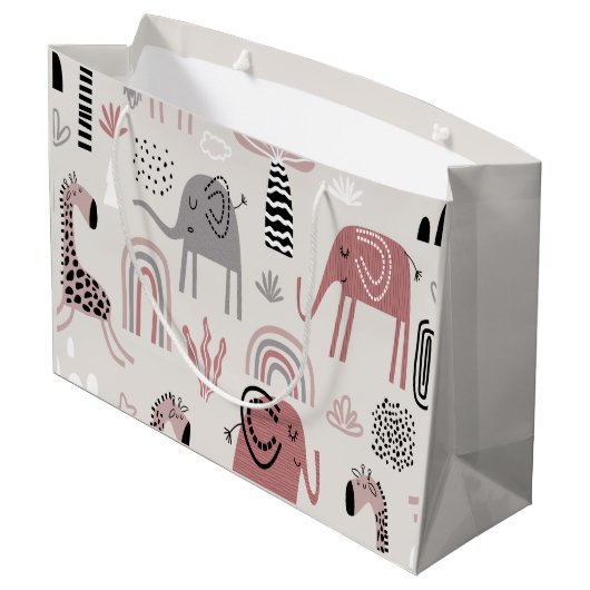 patroon met schattige olifanten en reuzengiraffes groot cadeauzakje (Achterkant Gekanteld)
