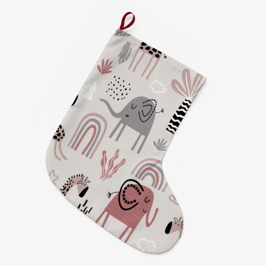 patroon met schattige olifanten en reuzengiraffes grote kerstsok (Voorkant (Hangend))