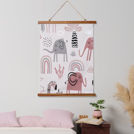patroon met schattige olifanten en reuzengiraffes hangend wandkleed (Slaapkamer)