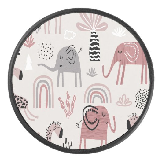 patroon met schattige olifanten en reuzengiraffes hockey puck (Voorkant)